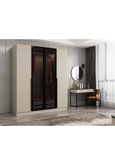 Kale Plus 4 Mebran Kapaklı 2 Çekmeceli Dolap Kumtaşı Mebran Füme Cam 210cm Kumtaşı