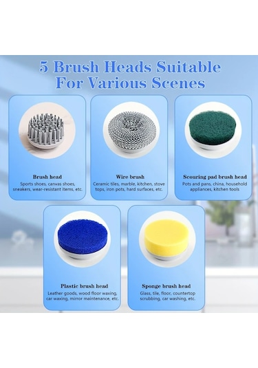 Xuweiwei Mavi Pancerka Elektrikli Doner Firca 5 Degistirilebilir Firca Basligi Type C Sarjli 3 Hiz Ayarli Banyo Mutfak Temizligi