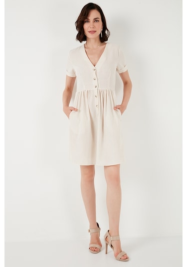 Lela Cepli Önü Düğmeli Kısa Kollu V Yaka Regular Fit Bayan Elbise 611El222 Taş Lela Cepli Önü Düğmeli Kısa Kollu V Yaka Regular Fit Bayan Elbise 611El222 Taş