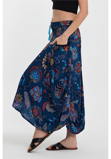 Schık Kadın Viskon Empirme Çiçek Baskı Bohem Stil Cepli Bel Lastikli Etek Lacivert