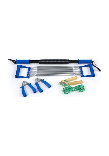 Vücut Geliştirme Spor Seti Kürek Göğüs El Yayı İp Atlama 5 Parça Mavi