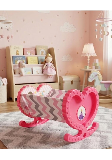 Sallanabilir Prenses Kalp Figürlü Oyuncak Bebek Beşiği Evcilik Oyun Seti