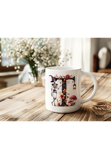 T Harfi Şapkalı İskelet Figürlü Ve Çiçekli Kupa Bardak - Cadılar Bayramı / Halloween Özel Hediye Beyaz