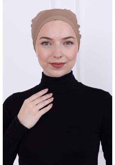 Fırfırlı Önden Dikişli Penye Bone - Kadın Tesettür Bağlamalı Topuz İç Bone-vizon Vizon