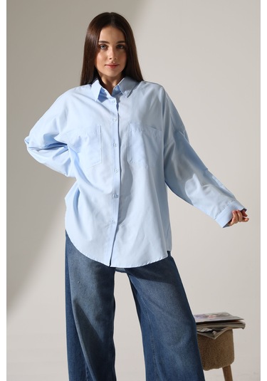 Yeni Sezon Poplin Kumaş Çift Cepli Oversize Pamuklu Kadın Tunik Gömlek Mavi