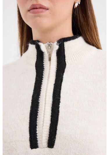 Gabria Fermuarlı Şeritli Kazak Ekru