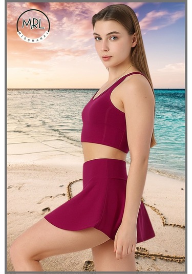Kadın Şort Etekli Mayo Takım Üst Crop Sabit Pedli Çabuk Kuruyan Kumaş Plaj Giyim Mürdüm Takım Mürdüm