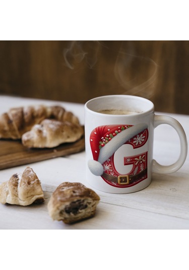 G Harfi Yılbaşı Temalı Bardak 330 Ml Harfli Kişiye Özel Hediye - Yeniyıl / Noel Şapka Tasarım Beyaz