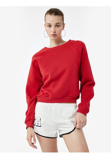 Koton Pamuklu Bisiklet Yaka Şardonlu Sweatshirt Kırmızı 6wal10309ık Kırmızı