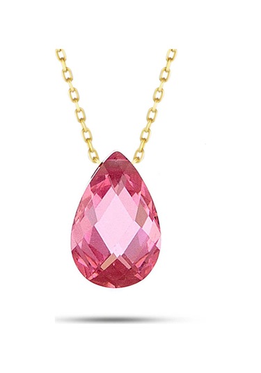 Moom Mücevherat Kadın Damla Taşlı Pembe Renkli Kolye 14 Ayar Altı