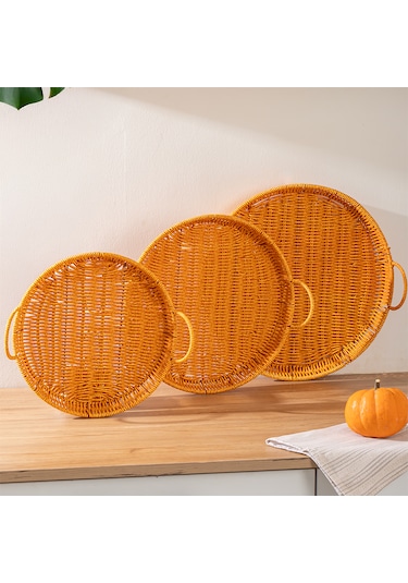 Porsima 710-a Yuvarlak 3'lü Hasır Tepsi Dekoratif Sunum Tepsisi
