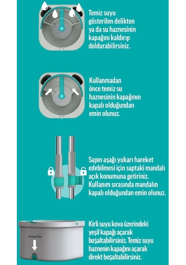 Smarter Aqua Master + Üçgen Aparat Temiz & Kirli Suyu Ayırma Özelliği Otomatik Temizlik Seti Mop