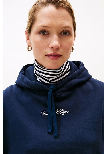 Kadın Rahat Kalıp Düşük Omuzlu Kapüşonlu Sweatshirt - Lacivert Dark Night Navy