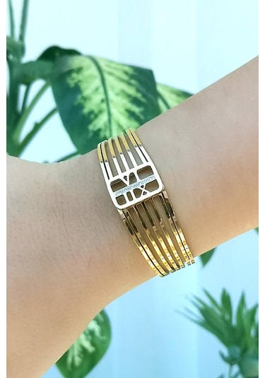 Allmisse Altın Kaplama Zirkon Taşlı Roma Rakam Detaylı Çelik Kaburga Bileklik