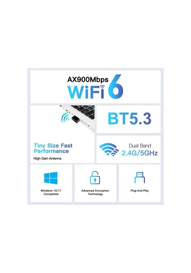 Ax900 Usb Wifi 6 Bluetooth 5.3 Adaptörü 2'si 1 Arada Dongle Çift Bant 2.4g 5 Bt5.3 900mbps