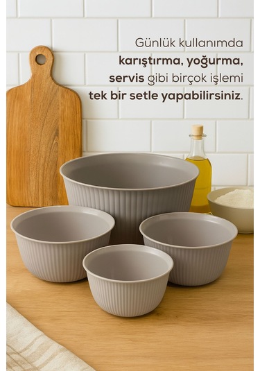 4'lü Mega Boy Plastik Karıştırma Ve Saklama Kase Seti 1l, 2l, 3l, 5l Bej Bej