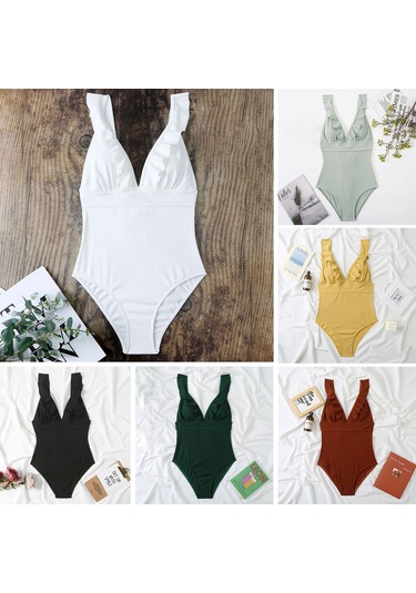 Mufunye Bayanlar İçin Siyah Tek Parça Mayo, Derin V Yaka, Paspas Detaylı, Sırt Bağcıklı, Slim Fit, Asya Beden L Siyah