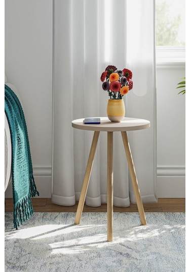 İntergo Yuvarlak Ahşap Ayaklı Tekli Zigon Yan Sehpa Krem