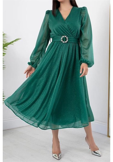 Neşeli Butik Kadın Kemer Ve Vatka Detaylı Simli Midi Elbise Rymy3590 Yeşil