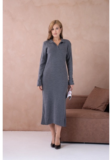 Kadın Polo Yaka Yamuşak Dokulu Maksi Boy Triko Elbise Antrasit