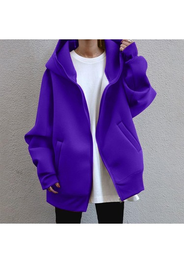 Kadın Günlük Gevşek Uzun Kollu Fermuar Kapşonlu Uzun Yastıklı Kazak Ceket Mor