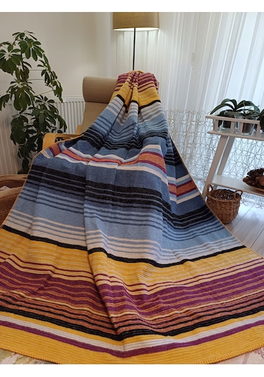 Çift Kişilik Pamuklu Battaniye 180 220 Cm Mavi-sarı Mavi - Sarı