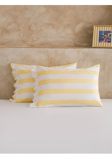 Sarı Çizgili Pamuklu Yastık Kılıfı 2'li 50x70 Cm
