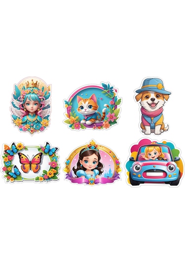 6 Adet Kız Çocuk Sticker V2 Etiket Yapıştırma Sticker Defter Dolap Masa 10x10 Cm Çok Renkli