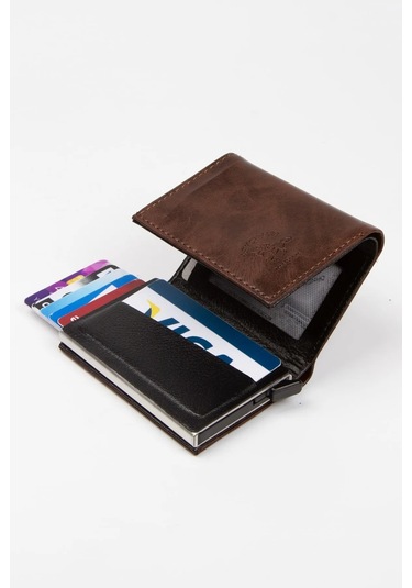 Tuldar Erkek Rfıd Otomatik Çekim Koruyucu Mekanizmalı Kağıt Para Bölmeli Hediyelik Kartlık Cüzdan Tul601 - Kahverengi