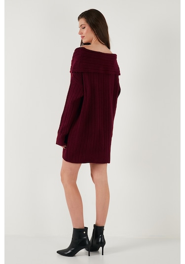 Lela Oversize Fit Kayık Yaka Uzun Kollu Mini Triko Bayan Elbise 4615218 Bordo