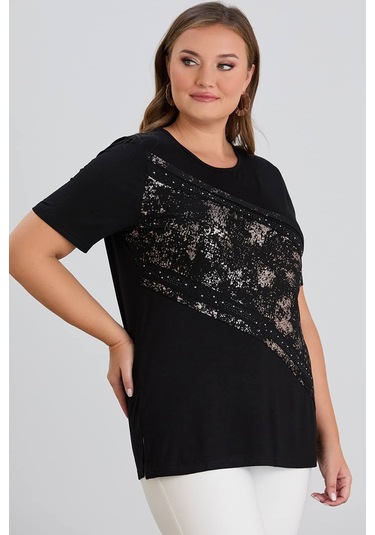 Wearon Kadın Julia Varak Baskılı Taşlı Penye Siyah Tişört Siyah
