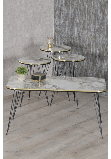 Zigon Sehpa Ve Orta Sehpa Kr Set Siyah Tel Ayak Çift Altın Efes