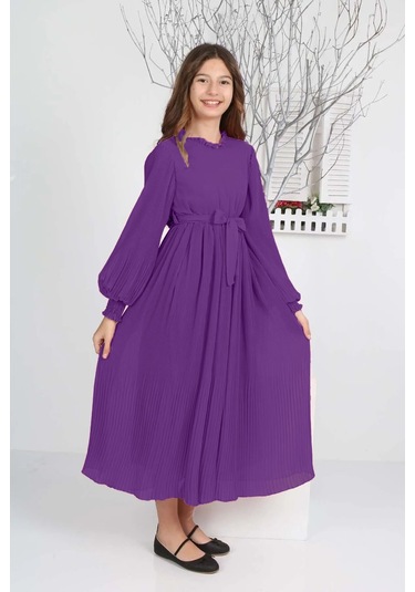 Kız Çocuk Uzun Boydan Pliseli Şifon Elbise Mor