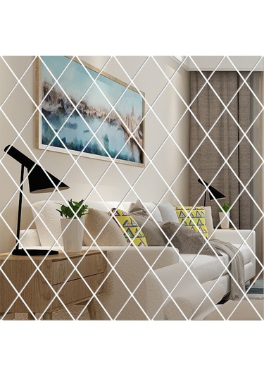 Sones Eşkenar Dörtgen Dikişli Arka Plan Akrilik Ayna Dekoratif Çıkartmalar, Özellikler: Gümüş Büyük Diğer