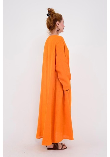 İtalyan V Yaka Uzun Kol Keten Elbise-8907 Oranj