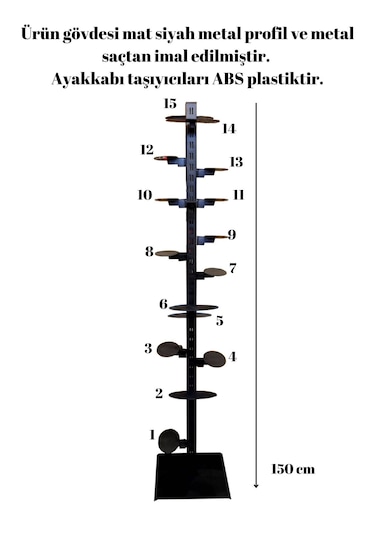 150 Cm Yükseklik 15 Adet Ayakkabı Raflı- Ayakkabı Reyonu-ayakkabı Siyah