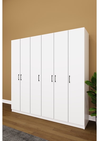 Asra Trend 6 Kapaklı Gardırop G-06 %100 MDF Çift Katlı Askılı Elbise Dolabı Beyaz