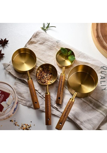 Ahşap Saplı Ölçü Kapları Kaşıkları Paslanmaz Çelik Kahve Ölçü Kaşığı Yeni Pişirme Aletleri Altın
