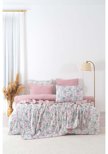 Cherie Çift Kişilik Nevresimli Pike Takımı - 7 Parça Çeyiz Seti Pembe