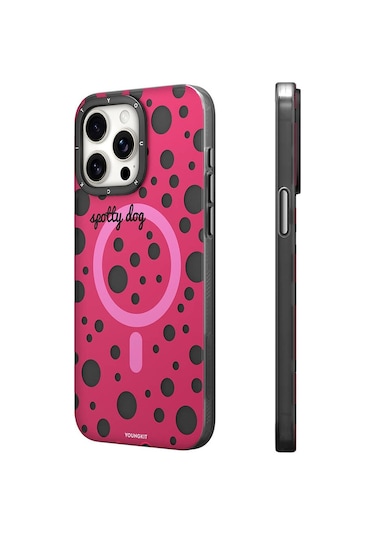 iPhone 14 Pro Max Uyumlu Kılıf Magsafe Özellikli Polka Dot Desenli Youngkit Spots Serisi Kapak Pembe
