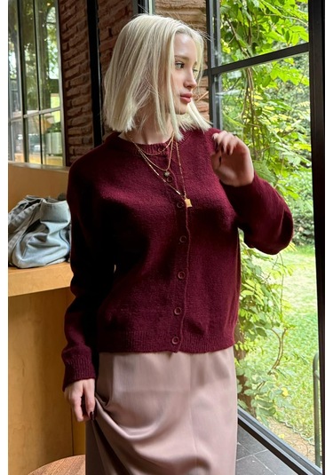 Madmext Bordo Rahat Kalıp Düğmeli Triko Kadın Hırka Mg2552 Bordo