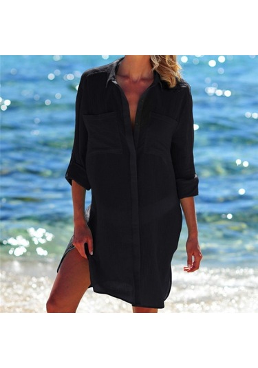 Cbtx Plaj Cover Up Robe Cep Mayo Cover Up Sarong Plaj Gömlek Üstleri Mayo Kadın Beachwear Pareo Tunik Siyah