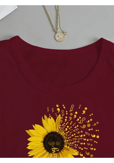 Leyla Sanat Sanata Yeni Bir Bakış Açısı Kadın Uzun Kollu Bisiklet Yaka Ayçiçeği Desenli Viskon Bluz Bordo