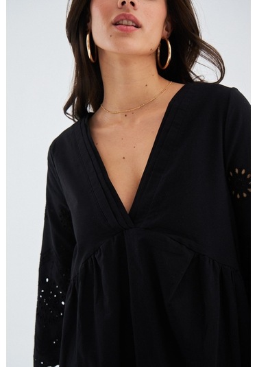 Peraluna Hiromi Dress %100 Pamuk 3/4 Kol Diz Hizası Yazlık Kadın Siyah