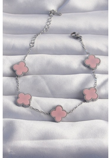 Ezoconcept 316l Çelik Gümüş Renk Pembe Mineli Yonca Bileklik 001