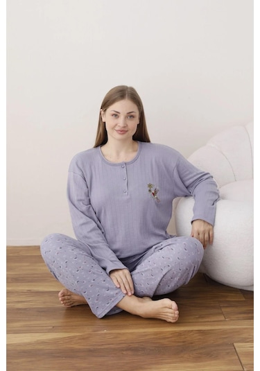 Lindros Kadın Pamuk'lu Düğme Yaka Raporlu İnterlok Kışlık Battal Pijama Takımı 05113 - 1 Adet Lila