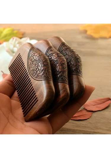 Doğal Siyah Abanoz Ultra Dar Dişli Ahşap Tarak Başlık Saç Fırçası