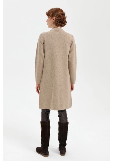 Desen Triko Kadın Dik Yaka Cebi İşlemeli Uzun Yün Kaban 24012 K. Bej K. Bej Koyu Bej