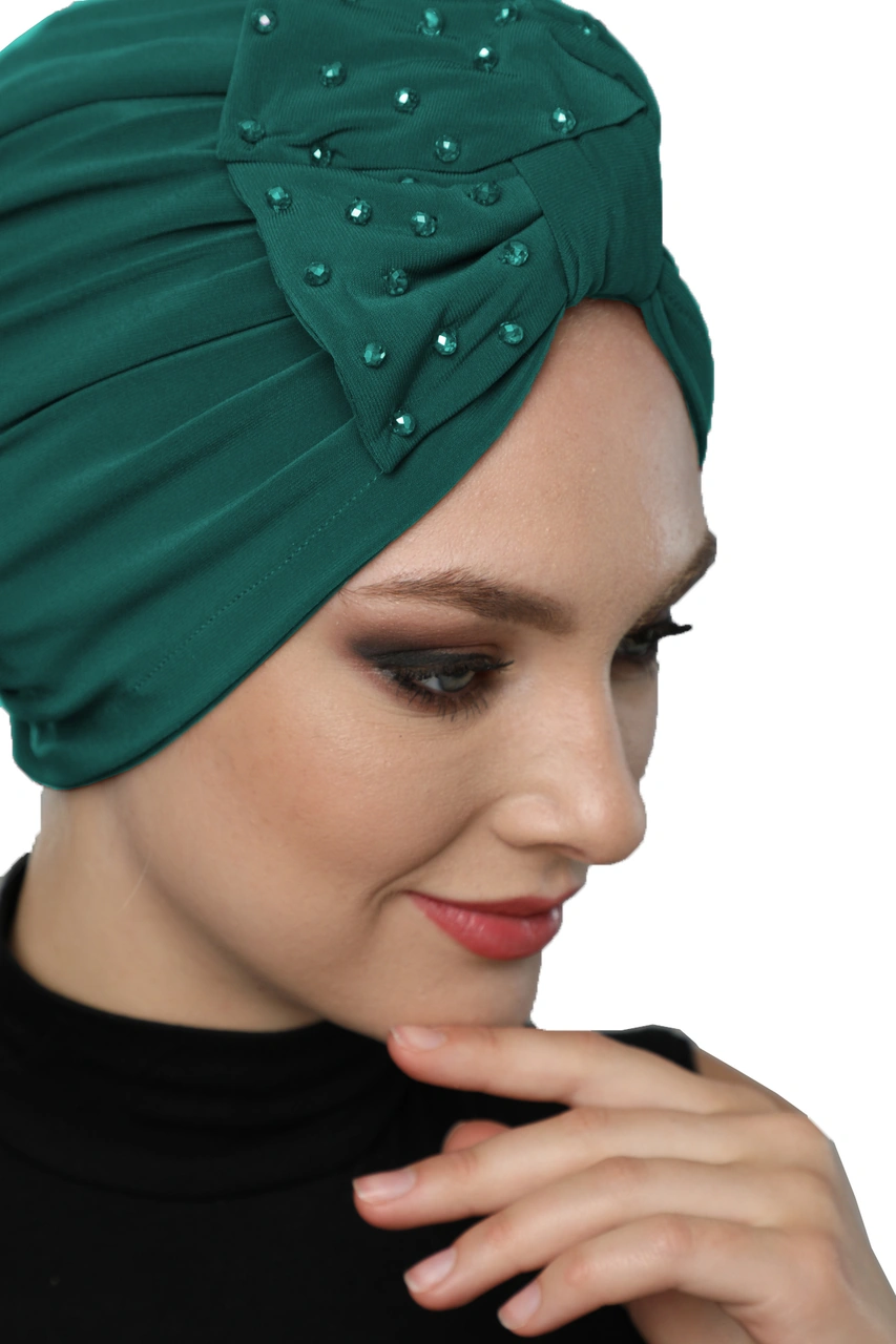 Kristal Yelpaze Taş Işlemeli Çift Taraflı Astarlı Yeşil Hazır Türban Tesettür Abiye Bone Yeşil