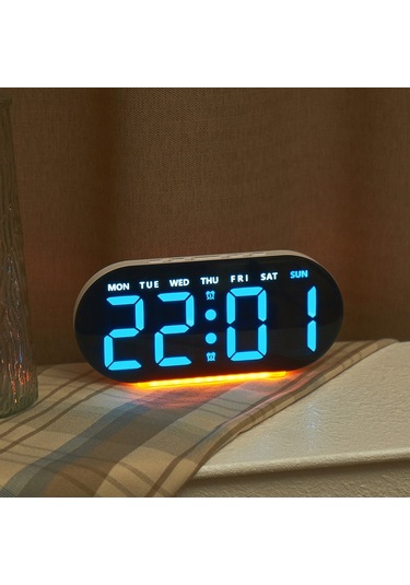 Gh9003 Çok Fonksiyonlu Led Dijital Saat Sıcaklık Göstergeli Ortam Işığı Başucu Saati - Siyah Kasa / Mavi Ekran Siyah Kabuk / Mavi Ekran